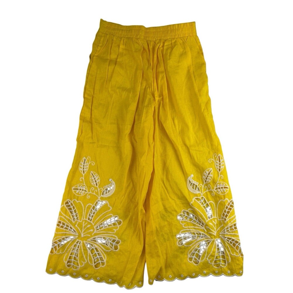 Christian Siriano Yellow Linen Embroidered Eyelet 2 Piece Crop Top Pants Set M - Picture 8 of 12